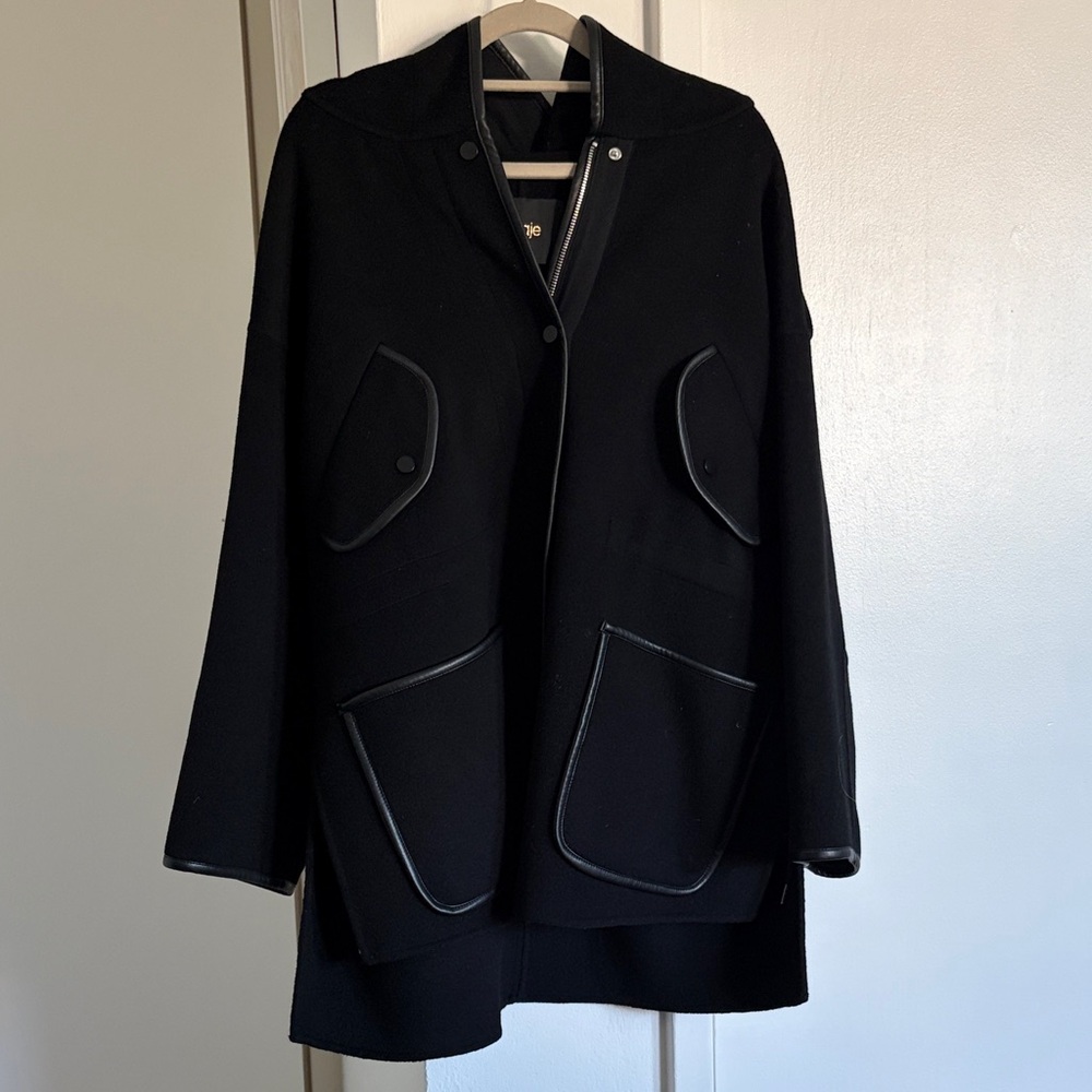 Maje Black Women's Coat with Leather-Trim Pockets